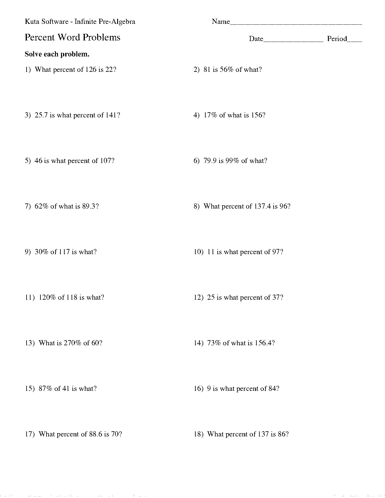 percent word problem worksheets